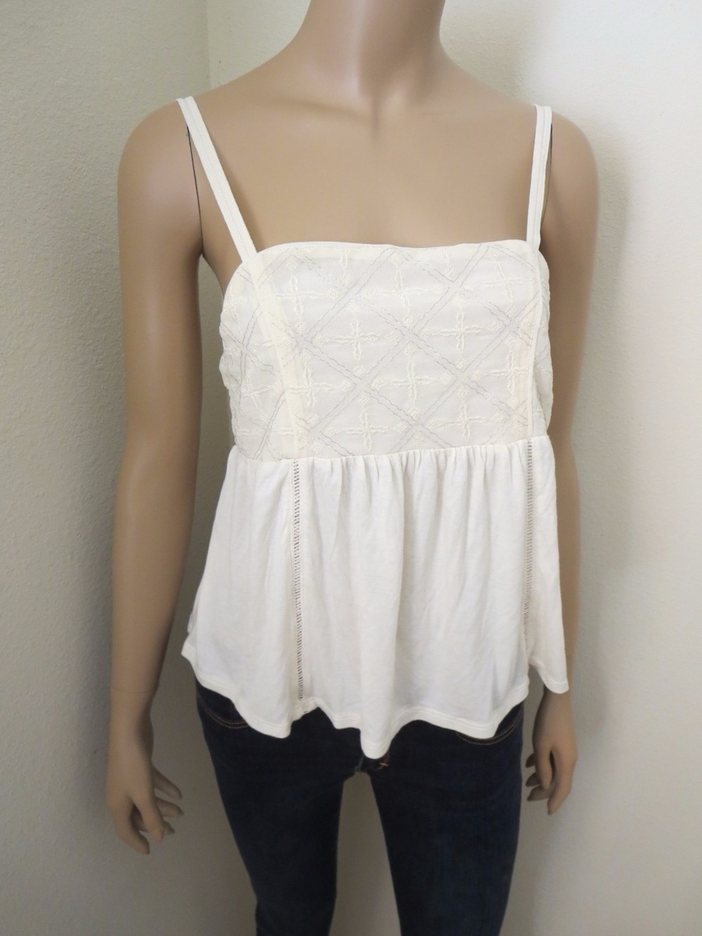 American Eagle Outfitters Cream Embroidered Adjustable Button Strap Babydoll Top
